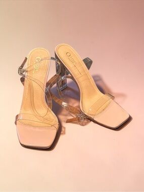 Square Toe Clear Block Heel Strappy Nude Tan Heels